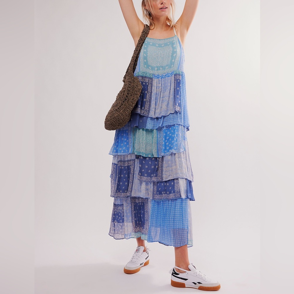 Free People Indigo Wishes Ruffled Layered Boho Bandana Maxi Dress - Picture 2 of 4